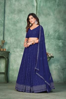Navy Blue Georgette Sequin Embroidery Work Partywear Lehenga 4