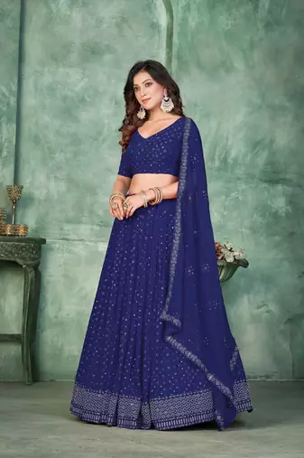 Navy Blue Georgette Sequin Embroidery Work Partywear Lehenga