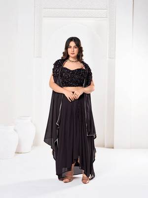 Stylish Black Silk self Flower Design Partywear Lehenga 1