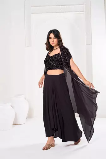 Stylish Black Silk self Flower Design Partywear Lehenga