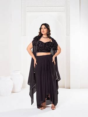 Stylish Black Silk self Flower Design Partywear Lehenga 4