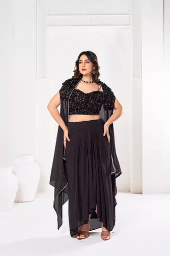 Stylish Black Silk self Flower Design Partywear Lehenga