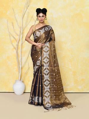 gold dual tone organic tissue jamdani saree with blouse piece 1