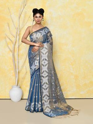 gold turquoise dual tone organic tissue jamdani saree with blouse piece 1