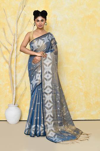 gold turquoise dual tone organic tissue jamdani saree with blouse piece