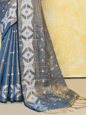 gold turquoise dual tone organic tissue jamdani saree with blouse piece 2