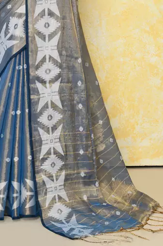 gold turquoise dual tone organic tissue jamdani saree with blouse piece