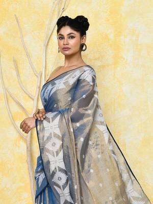 gold turquoise dual tone organic tissue jamdani saree with blouse piece 3