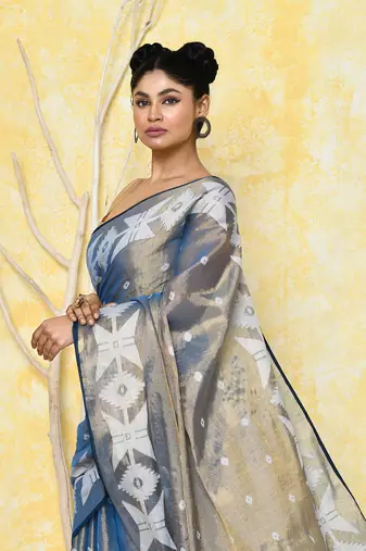 gold turquoise dual tone organic tissue jamdani saree with blouse piece