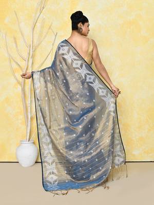 gold turquoise dual tone organic tissue jamdani saree with blouse piece 5