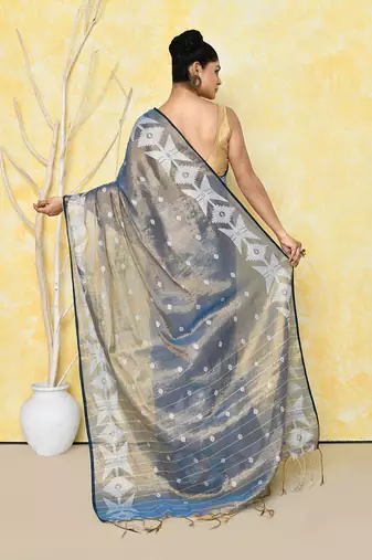 gold turquoise dual tone organic tissue jamdani saree with blouse piece