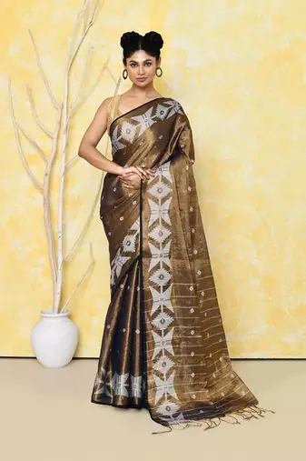 gold dual tone organic tissue jamdani saree with blouse piece
