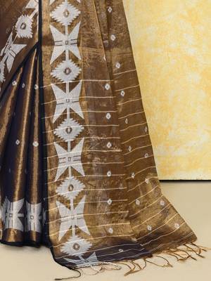 gold dual tone organic tissue jamdani saree with blouse piece 3