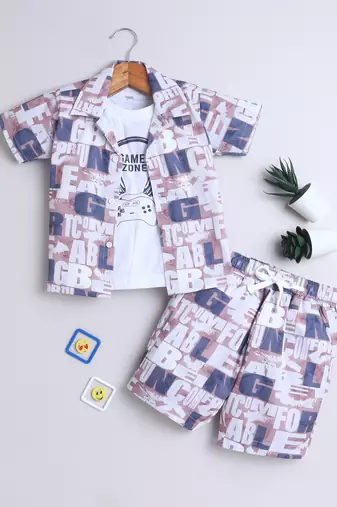 Beige alphabet printed cotton blend co-ord set