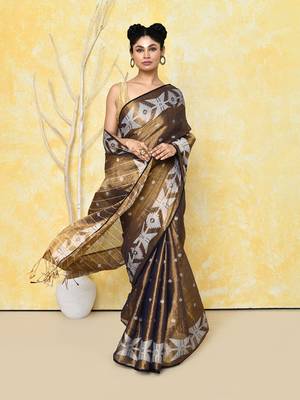 gold dual tone organic tissue jamdani saree with blouse piece 4