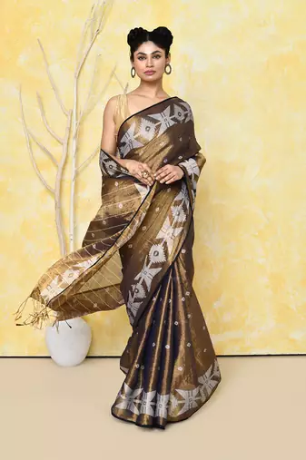 gold dual tone organic tissue jamdani saree with blouse piece