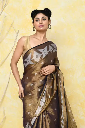 gold dual tone organic tissue jamdani saree with blouse piece