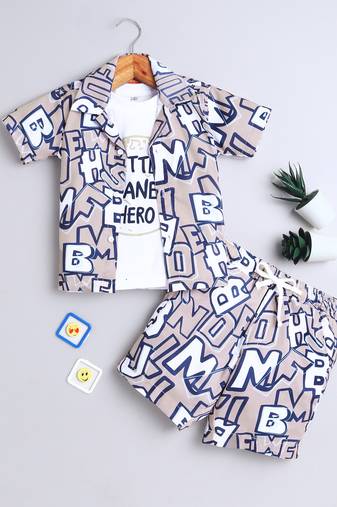 Beige alphabet printed cotton blend co-ord set