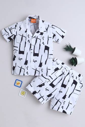 White abstract printed cotton blend co-ord set