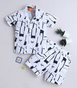White abstract printed cotton blend co-ord set