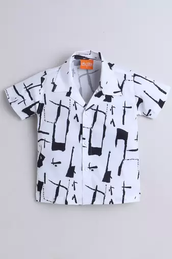 White abstract printed cotton blend co-ord set