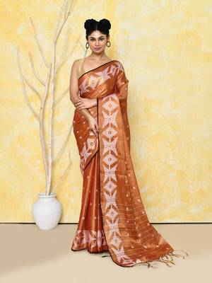 orange dual tone organic tissue jamdani saree with blouse piece 1