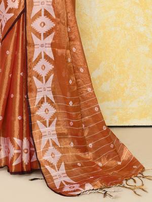 orange dual tone organic tissue jamdani saree with blouse piece 2