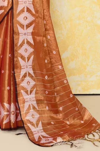 orange dual tone organic tissue jamdani saree with blouse piece