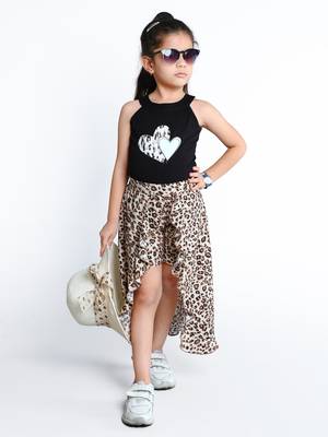 Black animal printed cotton blend co-ord set for kids 1