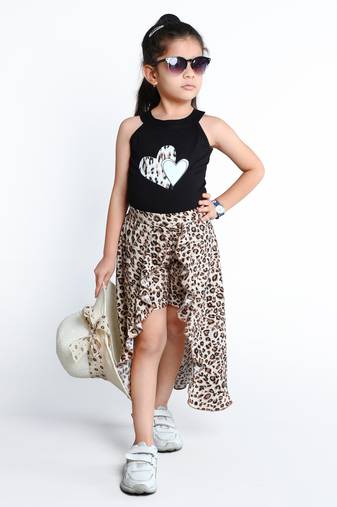 Black animal printed cotton blend co-ord set for kids