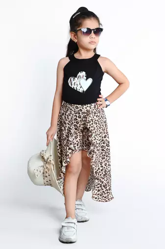 Black animal printed cotton blend co-ord set for kids
