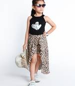 Black animal printed cotton blend co-ord set for kids