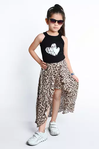 Black animal printed cotton blend co-ord set for kids