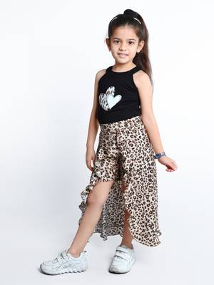 Black animal printed cotton blend co-ord set for kids 4