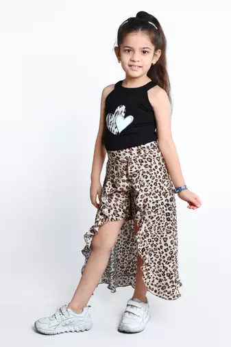 Black animal printed cotton blend co-ord set for kids