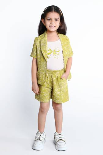 Yellow botanical printed cotton blend co-ord set for kids