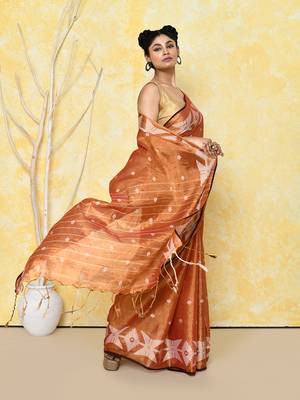 orange dual tone organic tissue jamdani saree with blouse piece 3