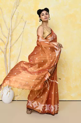 orange dual tone organic tissue jamdani saree with blouse piece