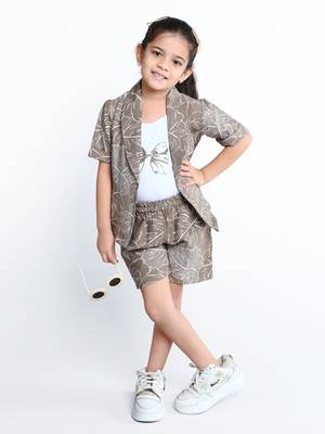Brown botanical printed cotton blend co-ord set for kids 1