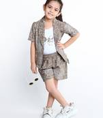 Brown botanical printed cotton blend co-ord set for kids