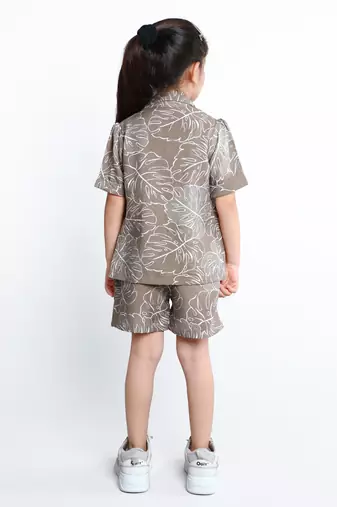 Brown botanical printed cotton blend co-ord set for kids