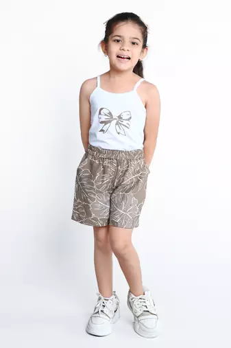 Brown botanical printed cotton blend co-ord set for kids