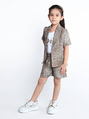 Brown botanical printed cotton blend co-ord set for kids 4