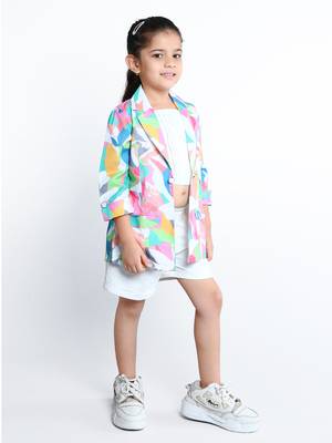 White abstract printed cotton blend co-ord set for kids 1