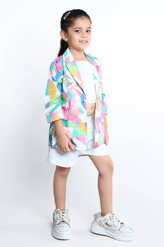 White abstract printed cotton blend co-ord set for kids