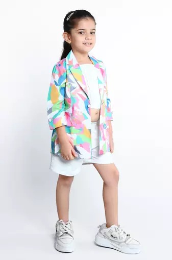 White abstract printed cotton blend co-ord set for kids