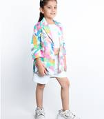 White abstract printed cotton blend co-ord set for kids