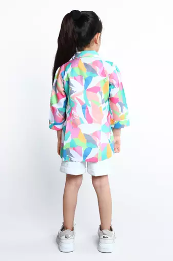 White abstract printed cotton blend co-ord set for kids