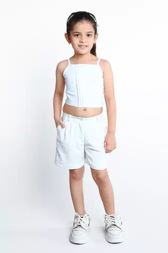 White abstract printed cotton blend co-ord set for kids