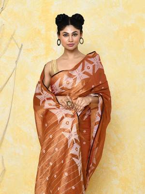 orange dual tone organic tissue jamdani saree with blouse piece 4